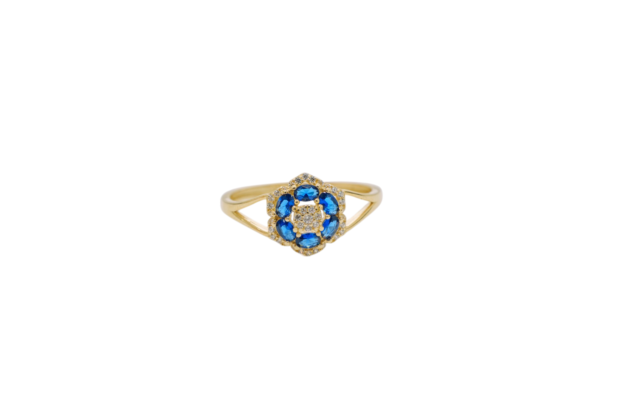 14KT Gold Ring Women's Flower Mini 6 Navy Blue Oval Petals with Round White CZ Stones Center and White CZ Stone Leaf Outline Border and Plain Split Band