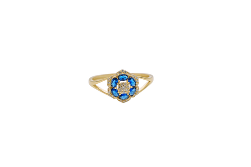 14KT Gold Ring Women's Flower Mini 6 Navy Blue Oval Petals with Round White CZ Stones Center and White CZ Stone Leaf Outline Border and Plain Split Band
