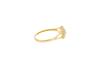 14KT Gold Ring Women's Flower Mini 6 Light Pink Oval Petals with Round White CZ Stones Center and White CZ Stone Leaf Outline Border and Plain Split Band