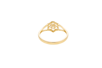 14KT Gold Ring Women's Flower Mini 6 Light Pink Oval Petals with Round White CZ Stones Center and White CZ Stone Leaf Outline Border and Plain Split Band