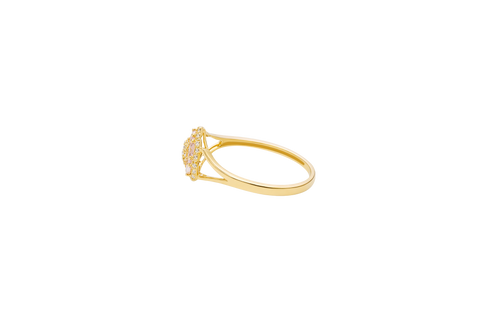 14KT Gold Ring Women's Flower Mini 6 Light Pink Oval Petals with Round White CZ Stones Center and White CZ Stone Leaf Outline Border and Plain Split Band