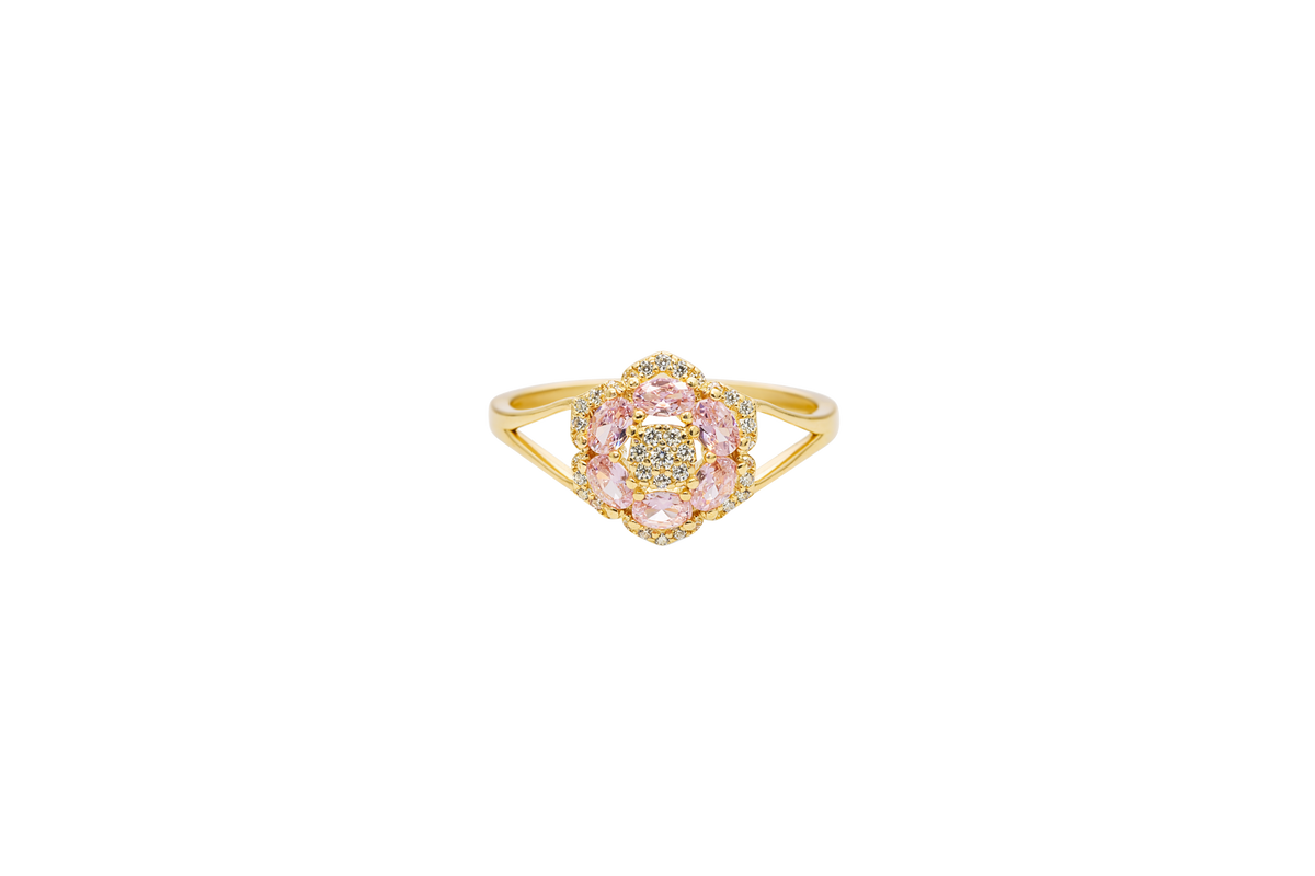 14KT Gold Ring Women's Flower Mini 6 Light Pink Oval Petals with Round White CZ Stones Center and White CZ Stone Leaf Outline Border and Plain Split Band