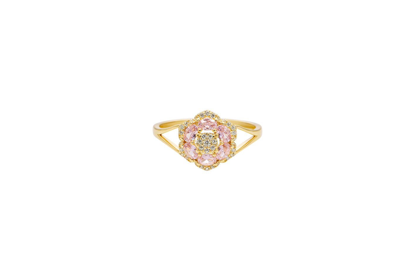 14KT Gold Ring Women's Flower Mini 6 Light Pink Oval Petals with Round White CZ Stones Center and White CZ Stone Leaf Outline Border and Plain Split Band