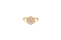 14KT Gold Ring Women's Flower Mini 6 Light Pink Oval Petals with Round White CZ Stones Center and White CZ Stone Leaf Outline Border and Plain Split Band