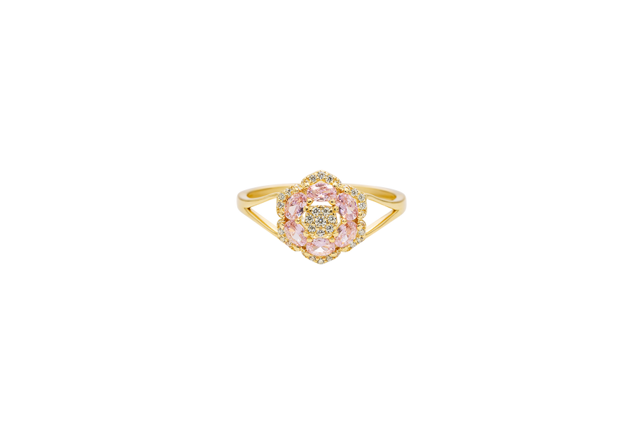 14KT Gold Ring Women's Flower Mini 6 Light Pink Oval Petals with Round White CZ Stones Center and White CZ Stone Leaf Outline Border and Plain Split Band