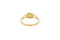 14KT Gold Ring Women's Flower Mini 6 Purple Oval Petals with Round White CZ Stones Center and White CZ Stone Leaf Outline Border and Plain Split Band