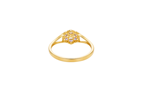 14KT Gold Ring Women's Flower Mini 6 Purple Oval Petals with Round White CZ Stones Center and White CZ Stone Leaf Outline Border and Plain Split Band