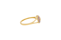 14KT Gold Ring Women's Flower Mini 6 Purple Oval Petals with Round White CZ Stones Center and White CZ Stone Leaf Outline Border and Plain Split Band