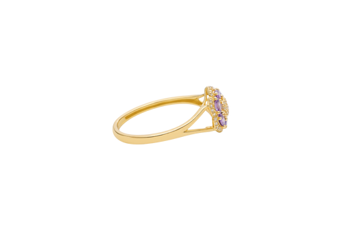 14KT Gold Ring Women's Flower Mini 6 Purple Oval Petals with Round White CZ Stones Center and White CZ Stone Leaf Outline Border and Plain Split Band