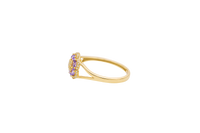 14KT Gold Ring Women's Flower Mini 6 Purple Oval Petals with Round White CZ Stones Center and White CZ Stone Leaf Outline Border and Plain Split Band