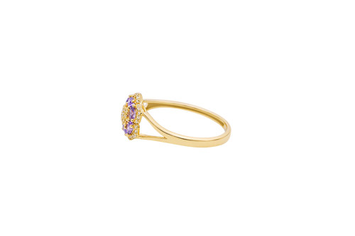 14KT Gold Ring Women's Flower Mini 6 Purple Oval Petals with Round White CZ Stones Center and White CZ Stone Leaf Outline Border and Plain Split Band