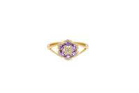 14KT Gold Ring Women's Flower Mini 6 Purple Oval Petals with Round White CZ Stones Center and White CZ Stone Leaf Outline Border and Plain Split Band