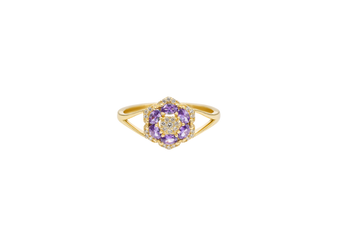 14KT Gold Ring Women's Flower Mini 6 Purple Oval Petals with Round White CZ Stones Center and White CZ Stone Leaf Outline Border and Plain Split Band
