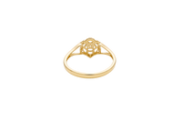 14KT Gold Ring Women's Flower Mini 6 White Oval Petals with Round White CZ Stones Center and White CZ Stone Leaf Outline Border and Plain Split Band