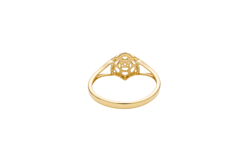 14KT Gold Ring Women's Flower Mini 6 White Oval Petals with Round White CZ Stones Center and White CZ Stone Leaf Outline Border and Plain Split Band
