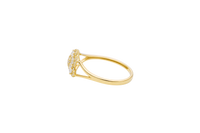 14KT Gold Ring Women's Flower Mini 6 White Oval Petals with Round White CZ Stones Center and White CZ Stone Leaf Outline Border and Plain Split Band