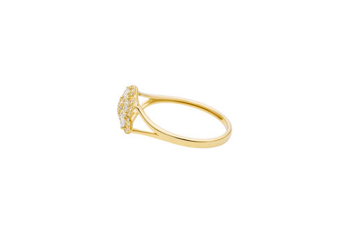 14KT Gold Ring Women's Flower Mini 6 White Oval Petals with Round White CZ Stones Center and White CZ Stone Leaf Outline Border and Plain Split Band