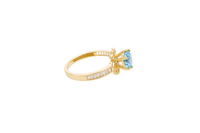 14KT Gold Ring Women's Round Aqua Blue CZ Center Stone Open Flower Heart Petals with White CZ Baguette Stone Band