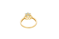 14KT Gold Ring Women's Round Aqua Blue CZ Center Stone Open Flower Heart Petals with White CZ Baguette Stone Band