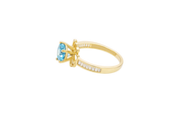 14KT Gold Ring Women's Round Aqua Blue CZ Center Stone Open Flower Heart Petals with White CZ Baguette Stone Band