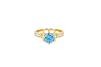 14KT Gold Ring Women's Round Aqua Blue CZ Center Stone Open Flower Heart Petals with White CZ Baguette Stone Band