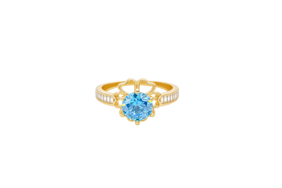 14KT Gold Ring Women's Round Aqua Blue CZ Center Stone Open Flower Heart Petals with White CZ Baguette Stone Band