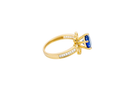 14KT Gold Ring Women's Round Navy Blue CZ Center Stone Open Flower Heart Petals with White CZ Baguette Stone Band