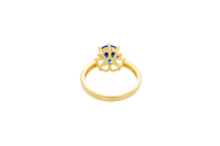 14KT Gold Ring Women's Round Navy Blue CZ Center Stone Open Flower Heart Petals with White CZ Baguette Stone Band