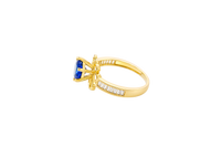 14KT Gold Ring Women's Round Navy Blue CZ Center Stone Open Flower Heart Petals with White CZ Baguette Stone Band