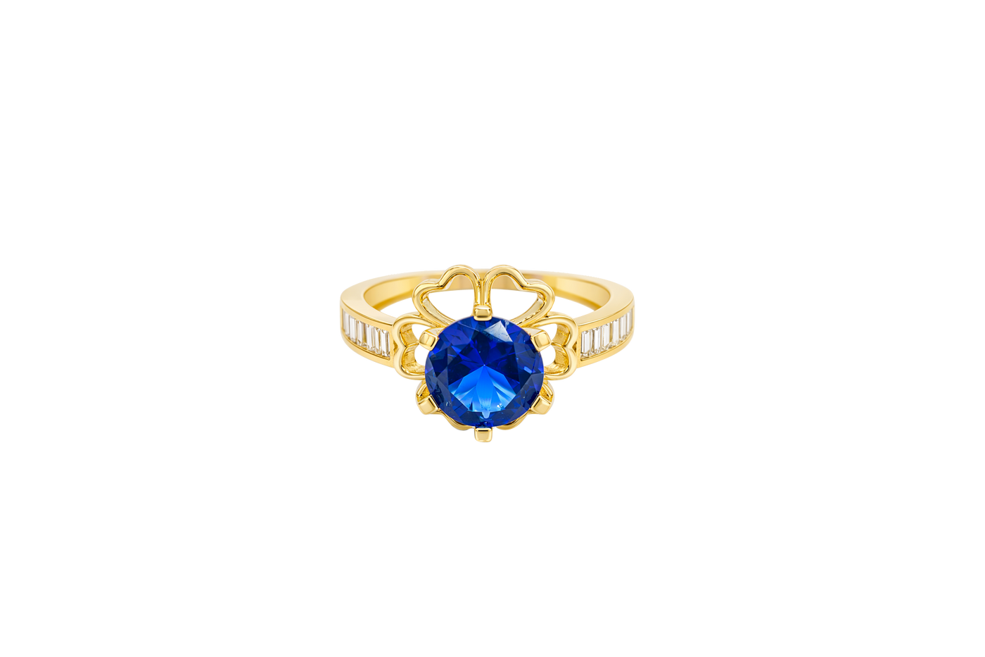 14KT Gold Ring Women's Round Navy Blue CZ Center Stone Open Flower Heart Petals with White CZ Baguette Stone Band