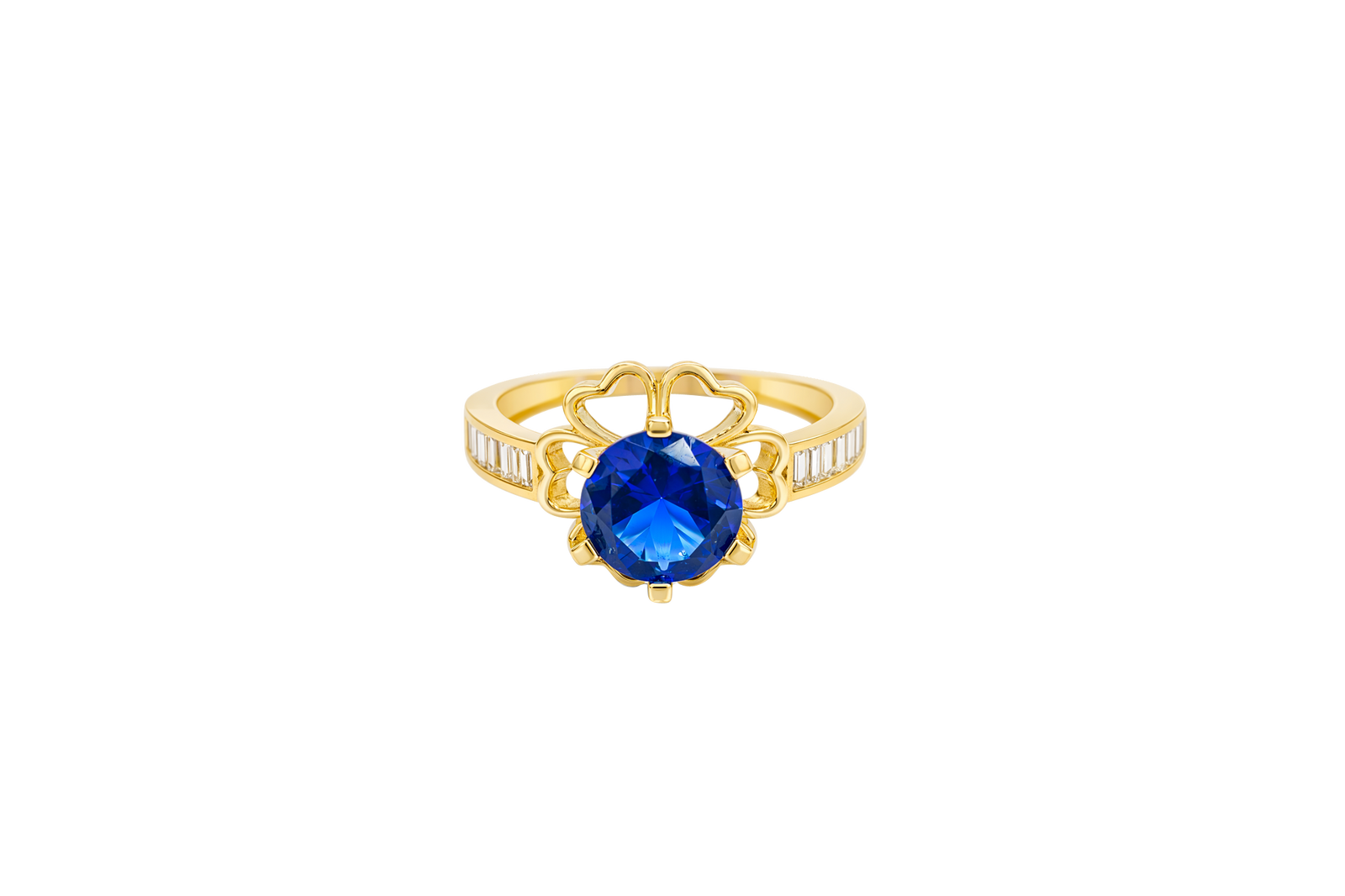 14KT Gold Ring Women's Round Navy Blue CZ Center Stone Open Flower Heart Petals with White CZ Baguette Stone Band