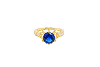 14KT Gold Ring Women's Round Navy Blue CZ Center Stone Open Flower Heart Petals with White CZ Baguette Stone Band