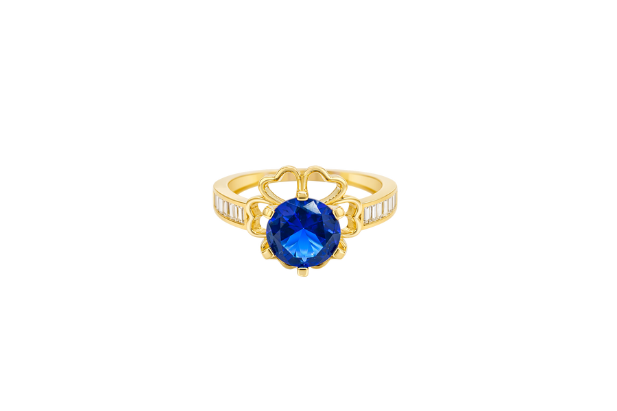 14KT Gold Ring Women's Round Navy Blue CZ Center Stone Open Flower Heart Petals with White CZ Baguette Stone Band