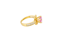 14KT Gold Ring Women's Round Pink CZ Center Stone Open Flower Heart Petals with White CZ Baguette Stone Band