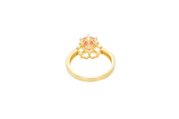 14KT Gold Ring Women's Round Pink CZ Center Stone Open Flower Heart Petals with White CZ Baguette Stone Band