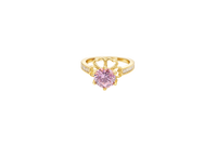 14KT Gold Ring Women's Round Pink CZ Center Stone Open Flower Heart Petals with White CZ Baguette Stone Band