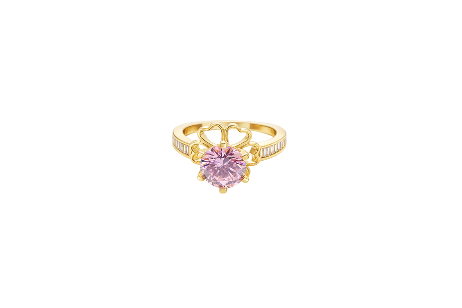 14KT Gold Ring Women's Round Pink CZ Center Stone Open Flower Heart Petals with White CZ Baguette Stone Band