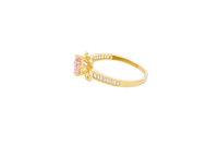 14KT Gold Ring Women's Round Pink CZ Center Stone Open Flower Heart Petals with White CZ Baguette Stone Band