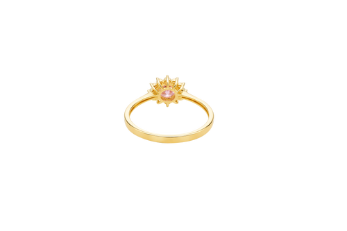 14KT Gold Ring Women's Flower Round Pink CZ Center Stone with White CZ Stone Petals Plain Band