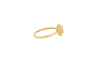 14KT Gold Ring Women's Flower Round Pink CZ Center Stone with White CZ Stone Petals Plain Band