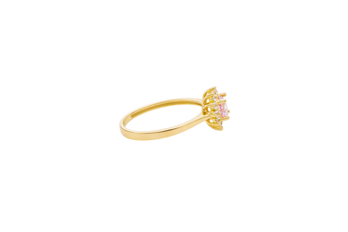14KT Gold Ring Women's Flower Round Pink CZ Center Stone with White CZ Stone Petals Plain Band