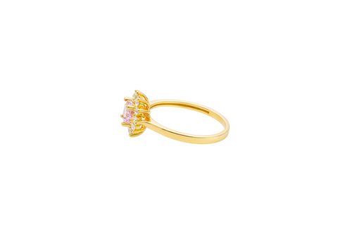 14KT Gold Ring Women's Flower Round Pink CZ Center Stone with White CZ Stone Petals Plain Band