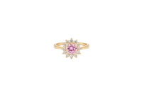 14KT Gold Ring Women's Flower Round Pink CZ Center Stone with White CZ Stone Petals Plain Band