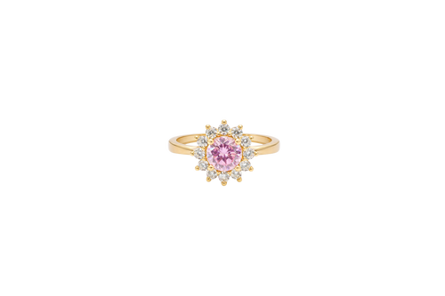 14KT Gold Ring Women's Flower Round Pink CZ Center Stone with White CZ Stone Petals Plain Band