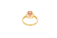 14KT Gold Ring Women's Round Red CZ Center Stone Open Flower Heart Petals with White CZ Baguette Stone Band