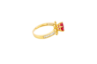 14KT Gold Ring Women's Round Red CZ Center Stone Open Flower Heart Petals with White CZ Baguette Stone Band