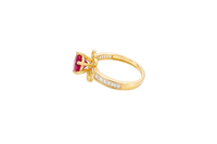 14KT Gold Ring Women's Round Red CZ Center Stone Open Flower Heart Petals with White CZ Baguette Stone Band