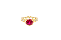 14KT Gold Ring Women's Round Red CZ Center Stone Open Flower Heart Petals with White CZ Baguette Stone Band