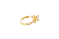 14KT Gold Ring Women's Round White CZ Center Stone Open Flower Heart Petals with White CZ Baguette Stone Band