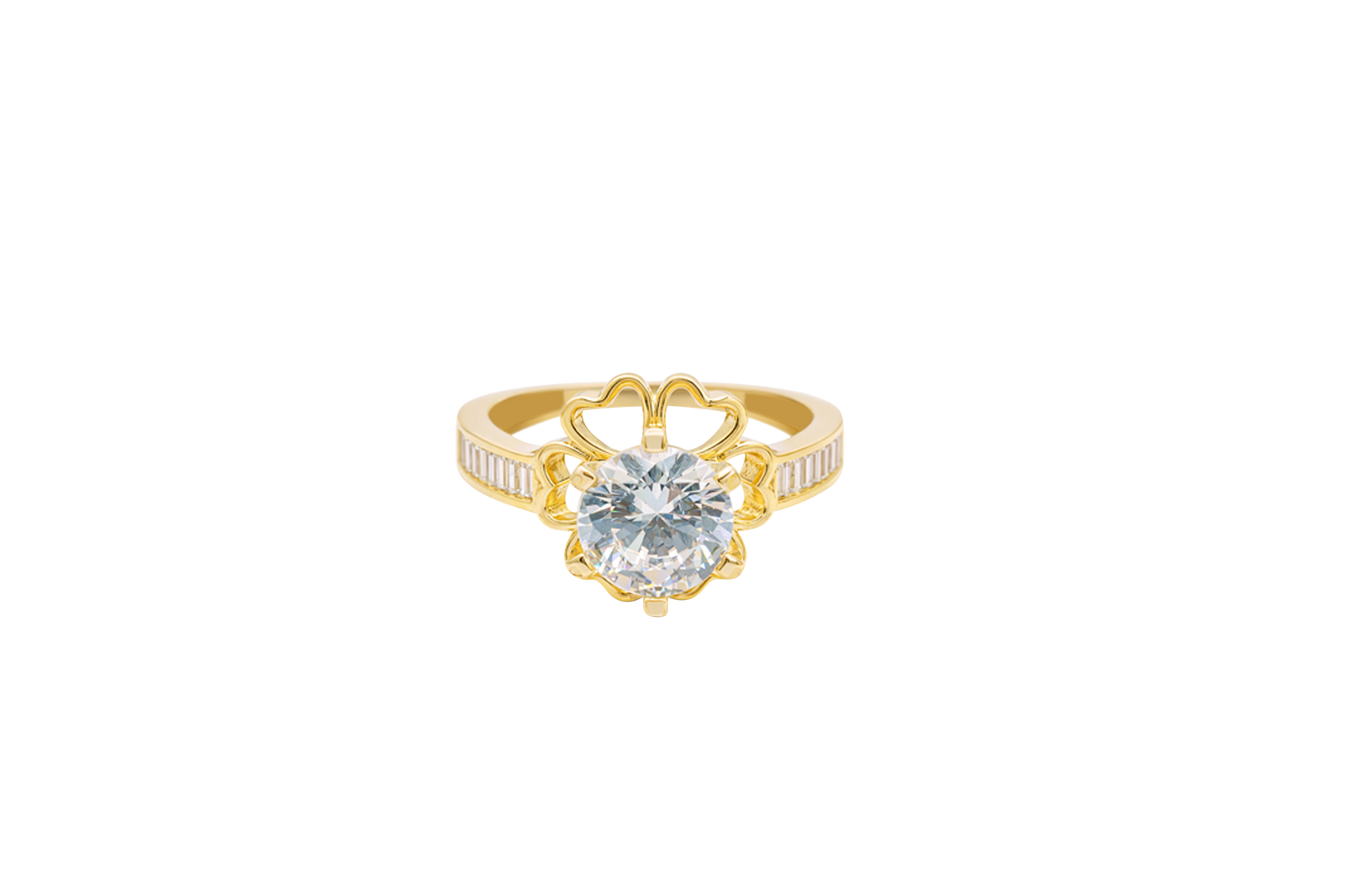14KT Gold Ring Women's Round White CZ Center Stone Open Flower Heart Petals with White CZ Baguette Stone Band